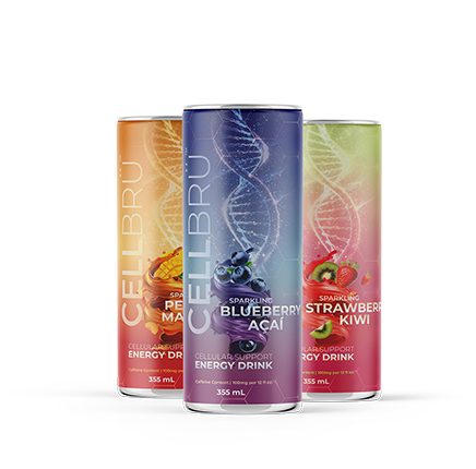 DNA-branded energy drink cans in orange, blue and green flavors with double helix design and fruit graphics