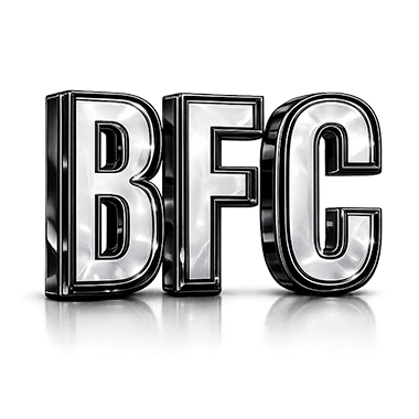 3D metallic BFC letters logo design with chrome finish and shadow effects on white background